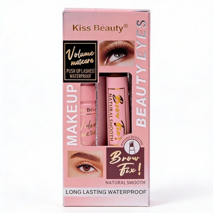 Set gel sprâncene și mascara volum, KISS BEAUTY, maro