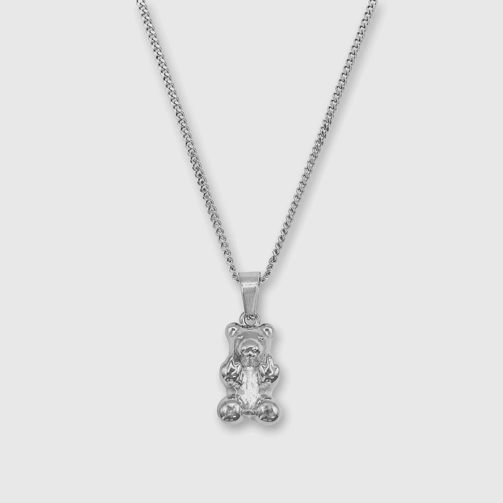 Pandantiv Ursulet Cativo, Lant Micro Cuban 55cm, Argintiu, Inox