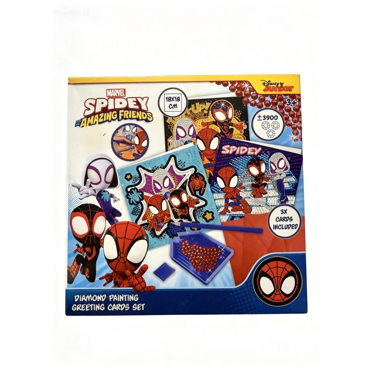 Set pictura cu diamante Spidey, 3 felicitari, +3900 piese, supereroi, 18x18 cm