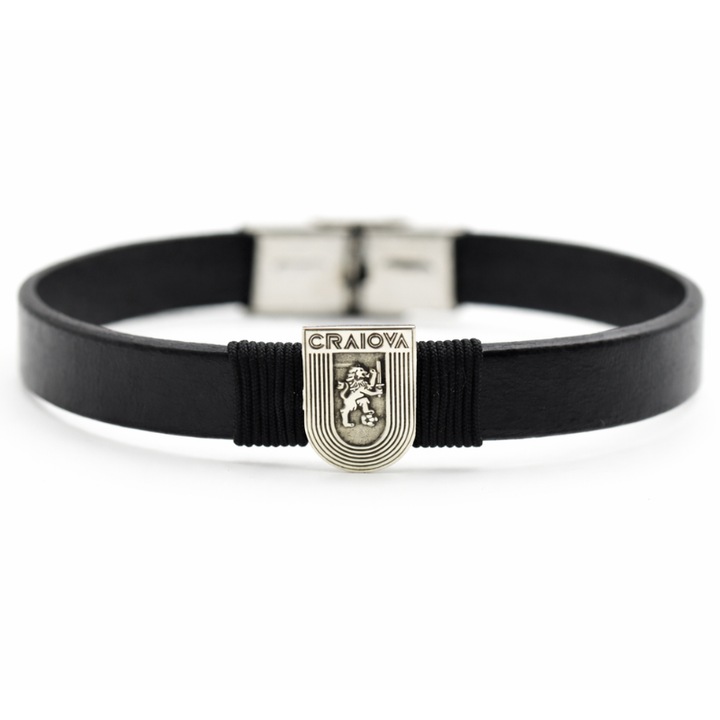 Bratara din piele naturala CS Universitatea Craiova, argint 925, ajustabila, 22cm
