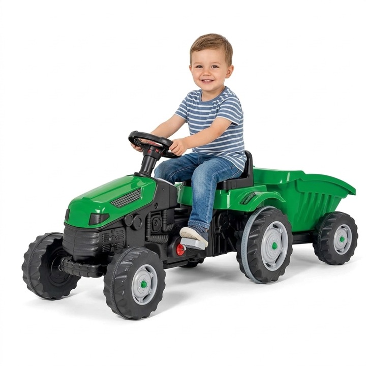 Tractor cu pedale copii, MicoStore, cu remorca, verde, scaun reglabil, 3+ ani, maxim 50 kg