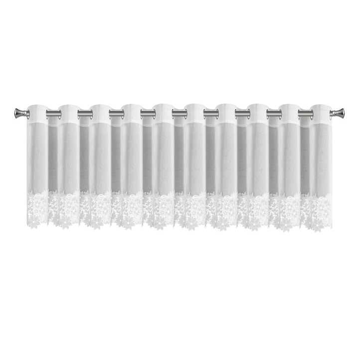 Firana alba din etamina cu dantela florala, 400x80 cm, 22 prinderi, Eurofirany