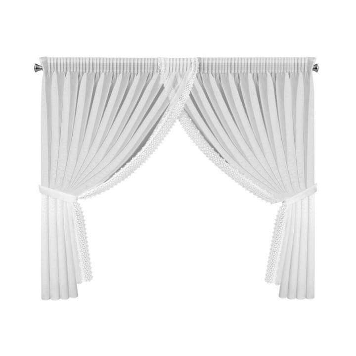 Fehér etamin függöny csipkével, 400x160 cm, ráncolóval és szalaggal, szett - Eurofirany