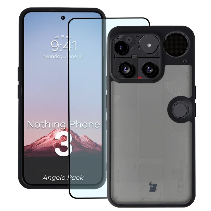 Husa + Sticla de protectie Bizon Angelo Pack pentru Nothing Phone (3), Colorata cu rama neagra