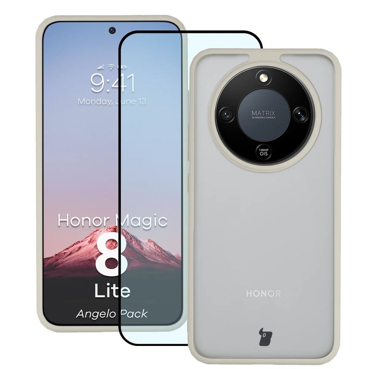 Husa + Sticla de protectie Bizon Angelo Pack pentru Honor Magic8 Lite, Colorata cu rama bej