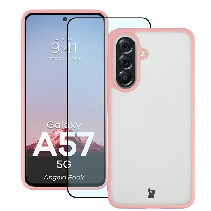 Husa + Sticla de protectie Bizon Angelo Pack pentru Galaxy A57 5G, Colorata cu rama roz deschis