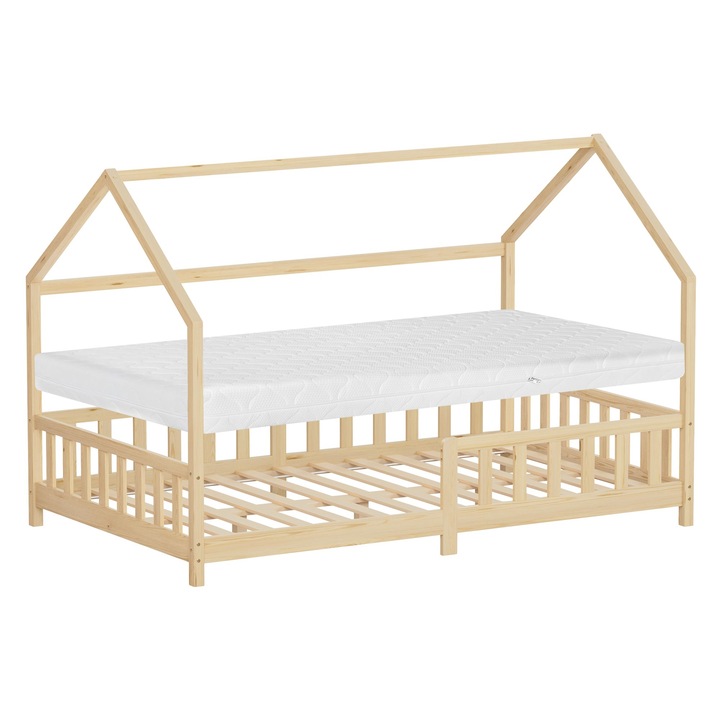 Pat casuta pentru copii ML-Design 120 x 200 cm cu saltea, cadru robust din lemn masiv de pin, culoare naturala, protectie anti-cadere, acoperis si somiera cu lamele, mobilier montessori pentru baieti si fete