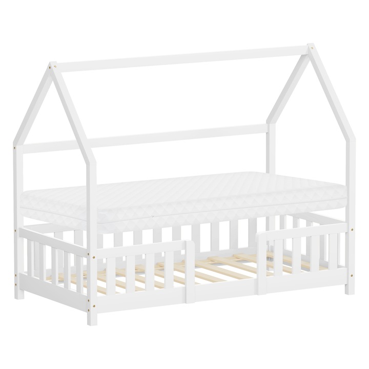Pat casuta pentru copii ML-Design 80 x 160 cm cu saltea, cadru robust din lemn masiv de pin, culoare alb, protectie anti-cadere, acoperis si somiera cu lamele, mobilier montessori pentru baieti si fete