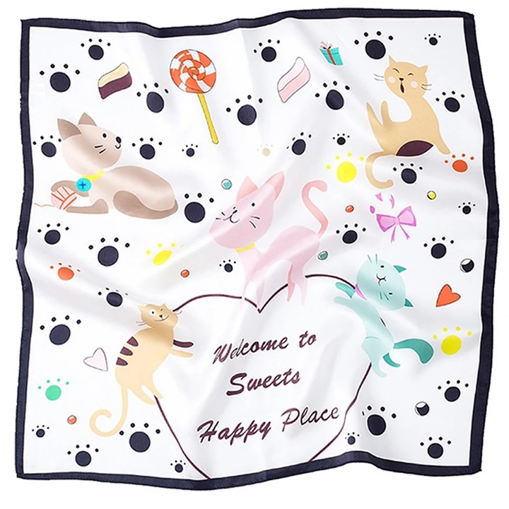 Esarfa eleganta din Matase Naturala Mulberry cu Imprimeuri, imprimeu pisici