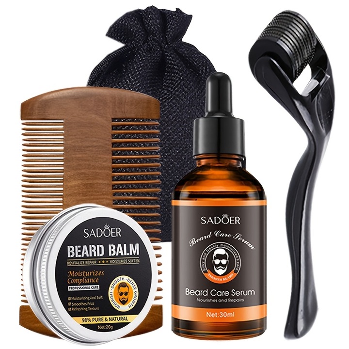 Set de ingrijire si crestere al barbii, ulei de barba, balsam de barba, pieptane, rola pentru microneedling pentru promovarea cresterii barbii
