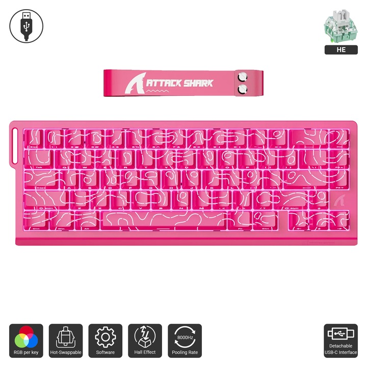 Механична геймърска клавиатура ATTACK SHARK® X68 HE с бързо задействане, 8 kHz честота на запитване, RGB подсветка, горен монтаж за PC Mac Esport геймъри, Червен