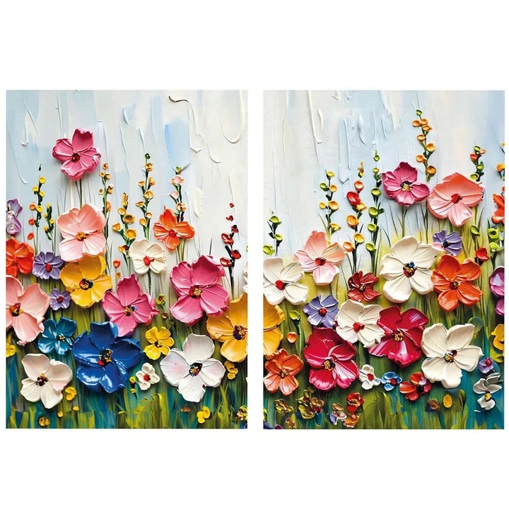 Set tablou decorativ Re-Bloom, 2 piese, model floral, panza/lemn, multicolor, 80 x 120 cm