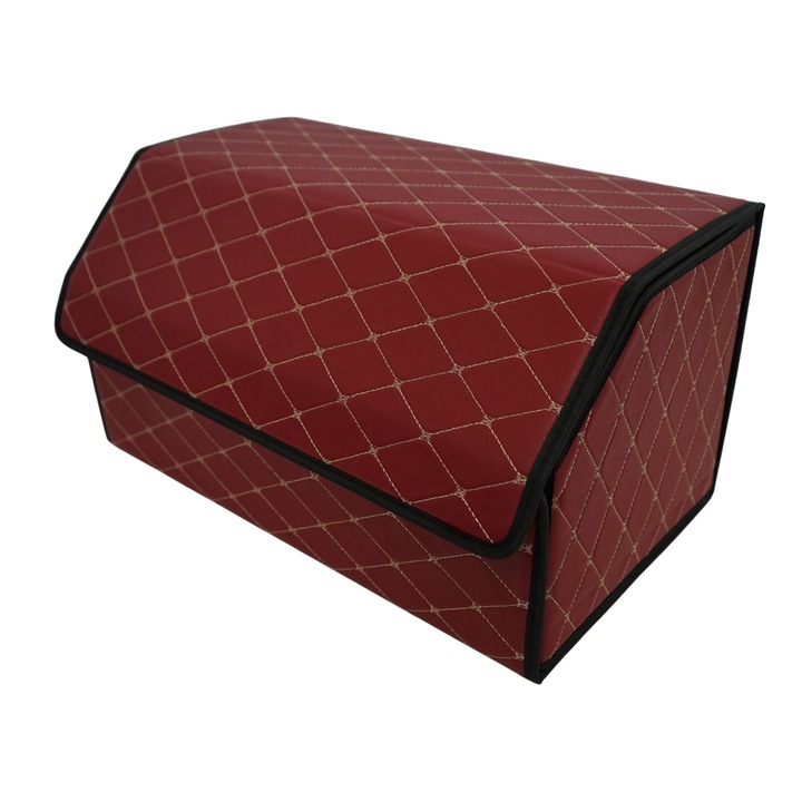 Cutie de Depozitare Auto, Daemi, Organizator Premium Portbagaj, Geanta Multifunctionala din Piele Ecologica, 2 Compartimente Depozitare, Rezistent la Uzura si Pliabil, Bordo, 55 x 30 x 30cm