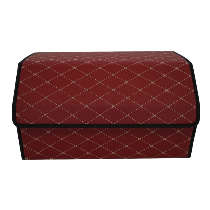 Cutie de Depozitare Auto, Flippy, Organizator Premium Portbagaj, Geanta Multifunctionala din Piele Ecologica, 2 Compartimente Depozitare, Rezistent la Uzura si Pliabil, Bordo, 55 x 30 x 30cm