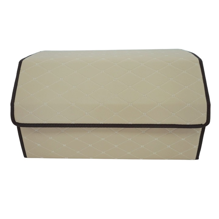 Cutie de Depozitare Auto, Flippy, Organizator Premium Portbagaj, 2 Compartimente Depozitare, Geanta Multifunctionala din Piele Ecologica, Pliabil si Rezistent la Uzura, Bej Deschis, 55 x 30 x 30cm