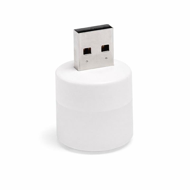 Lampa de veghe USB LED compactă, Dodaco, alb, design minimalist, portabilă
