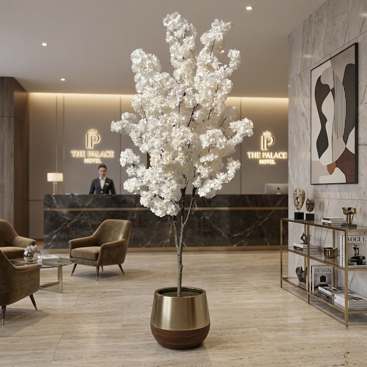 Pom artificial decorativ Cires inflorit, 1.9m, flori albe, coroana bogata