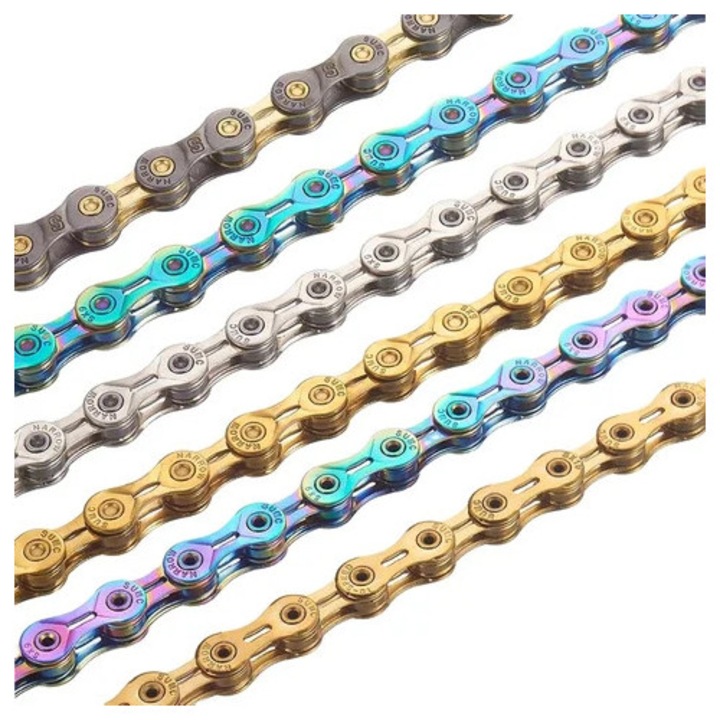 Lant bicicleta 9 viteze, argintiu-auriu, ultrausor, 116L, 9s, 9V
