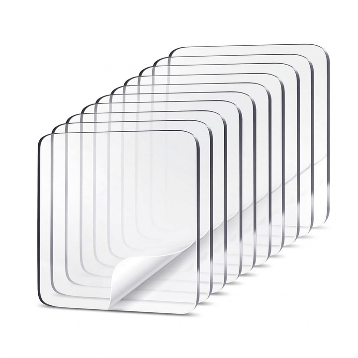 Set 10 Placute Dublu Adezive MONDESA®, Transparent, 60x60mm, Fixare Fara Gaurire, Autoadezive, Silicon Reutilizabil, Impermeabile, Nano Tape, pentru Tablouri, Oglinzi, Accesorii Casa, Rezistente