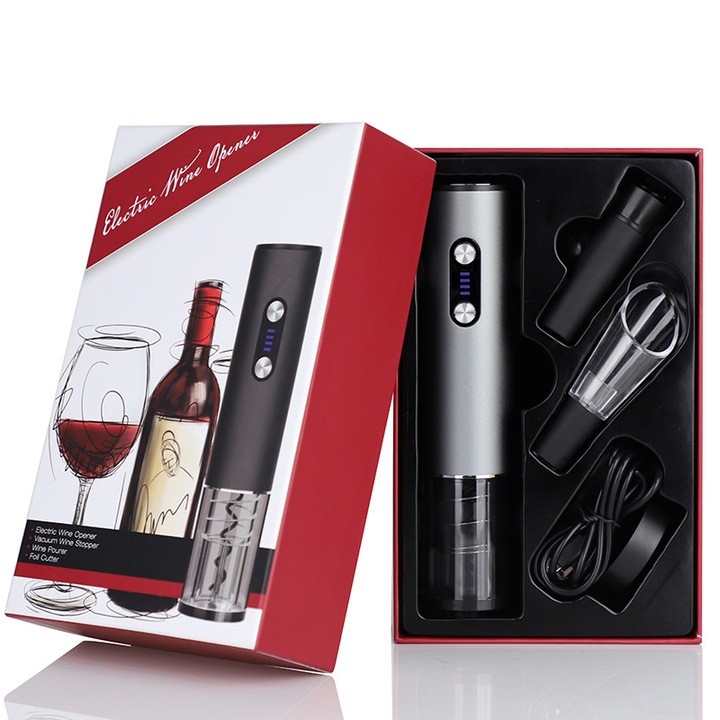 Set tirbusoane electric, 4 piese, dop vacuum, turnator vin, cutter hartie, corp mat