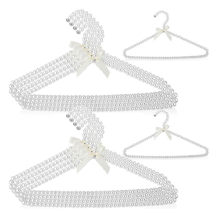 Set 10 umerase pentru haine cu perle, 16 inch, metalice, cu fundita, elegante