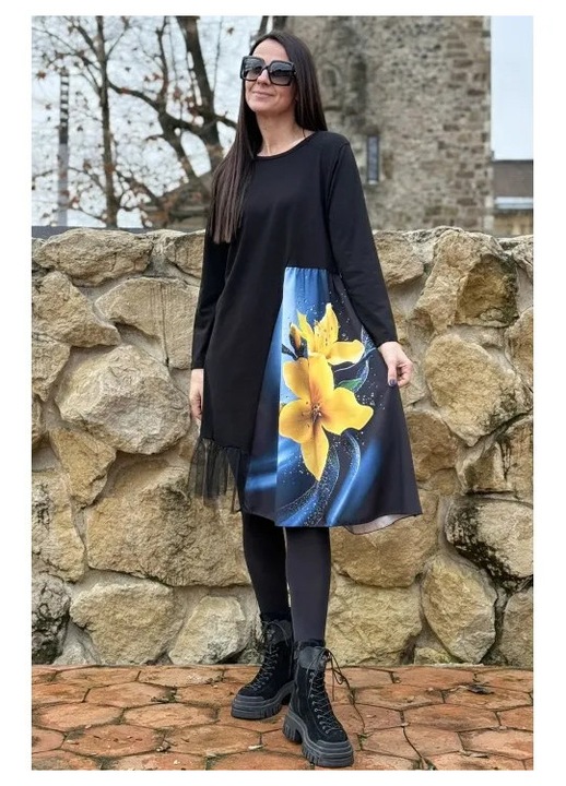 ROCHIE MIDI CU MANECA LUNGA ASIMETRICA TUL YELLOW LILLY, Multicolor, One Size