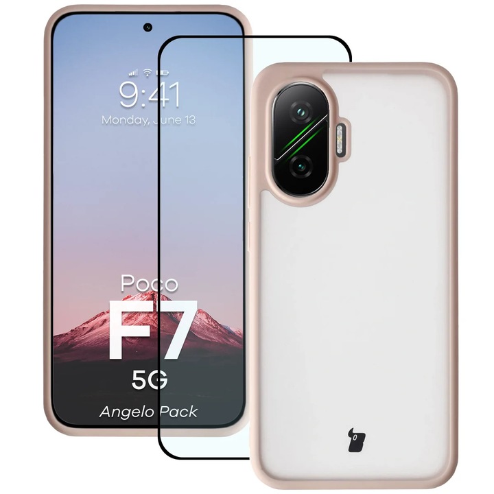 Husa + Sticla de protectie Bizon Angelo Pack pentru Xiaomi POCO F7, Colorata cu rama roz