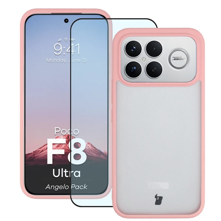 Husa + Sticla de protectie Bizon Angelo Pack pentru Xiaomi POCO F8 Ultra, Colorata cu rama roz deschis