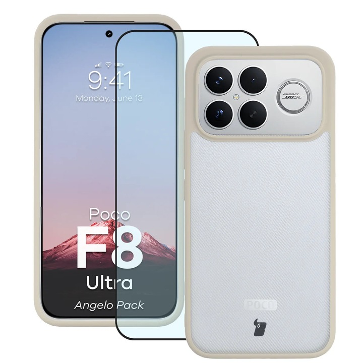 Husa + Sticla de protectie Bizon Angelo Pack pentru Xiaomi POCO F8 Ultra, Colorata cu rama bej