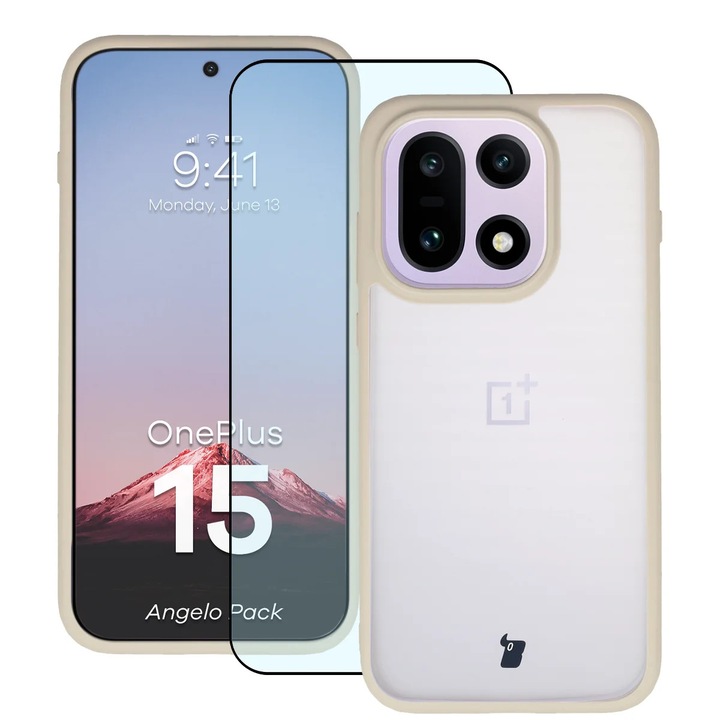Husa + Sticla de protectie Bizon Angelo Pack pentru OnePlus 15, Colorata cu rama bej