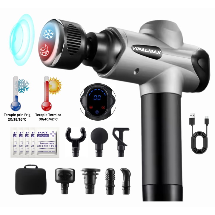 Aparat Masaj Profesional Tip Pistol VIPALMAX® cu CALD 38/40/42°C si RECE 20/18/16°C, 7 capete pentru toate tipurile de muschi, 30 x Servetele umede cu Alcohol pentru dezinfectat, Nivel de zgomot: