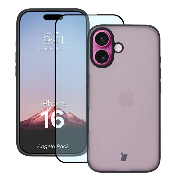 Bizon Angelo Pack tok és üveg iPhone 16-hoz, áttetsző, fekete szegéllyel