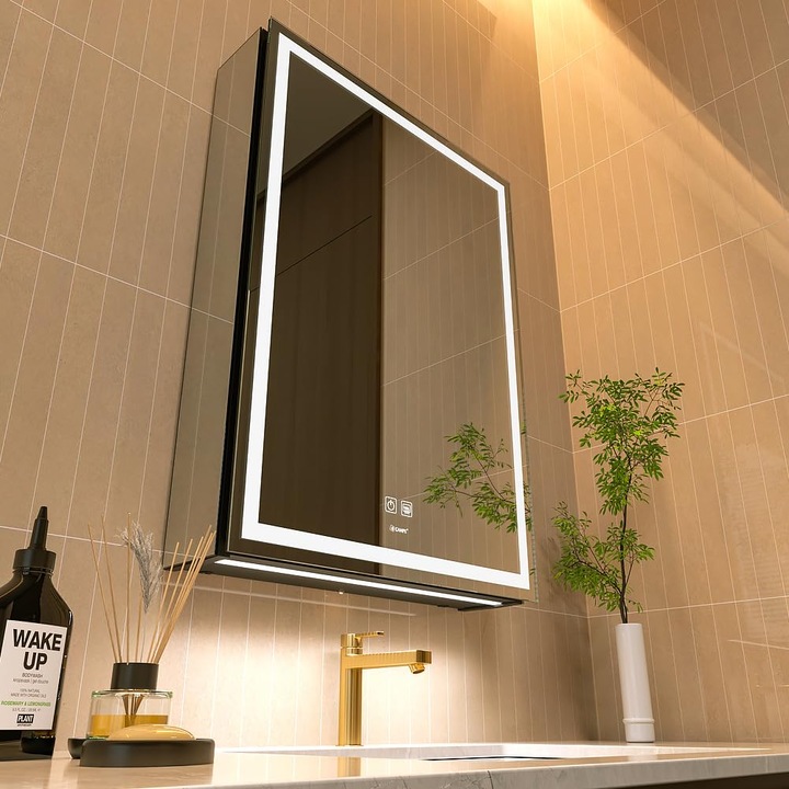 Dulap cu oglinda pentru baie, cu LED, cu dezaburire, reglare luminozitate si functie memorie, deschidere dreapta, 50 x 70 cm