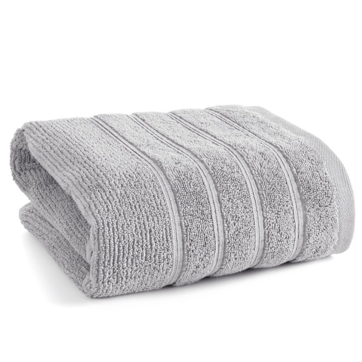 Prosop de baie Eurofirany, 70x140cm, bumbac, gri inchis, design modern cu dungi decorative