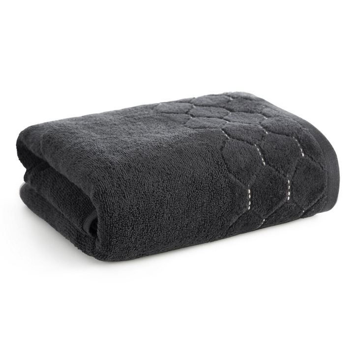 Prosop de baie, Eurofirany, 70x140 cm, bumbac, bordura velur geometrica, negru