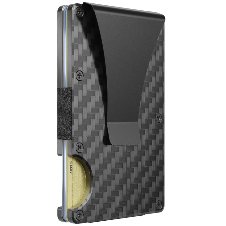 Portofel Carduri Fibra de Carbon MONDESA®, Protectie RFID Antifurt, Portcard Minimalist, Clip pentru Bancnote, Aluminiu, Capacitate 1-12 Carduri, Ultra Subtire, Rezistent, Premium, Unisex, Negru