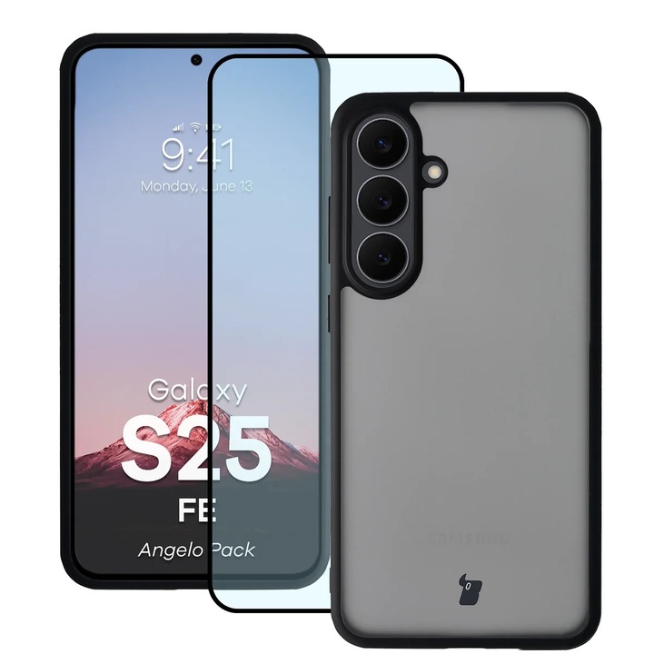 Husa + Sticla de protectie Bizon Angelo Pack pentru Galaxy S25 FE, Colorata cu rama neagra