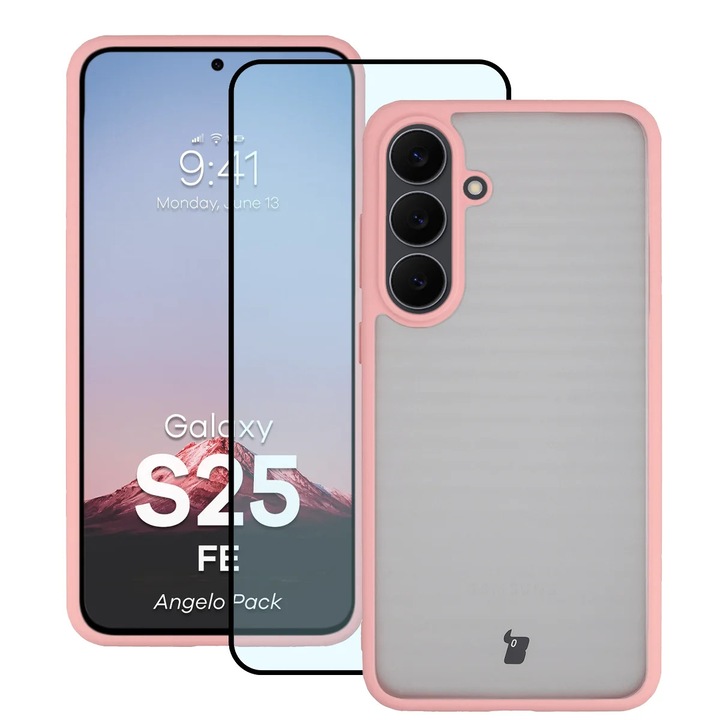 Husa + Sticla de protectie Bizon Angelo Pack pentru Galaxy S25 FE, Colorata cu rama roz deschis