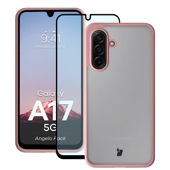 Husa + Sticla de protectie Bizon Angelo Pack pentru Galaxy A17 5G, Colorata cu rama roz deschis