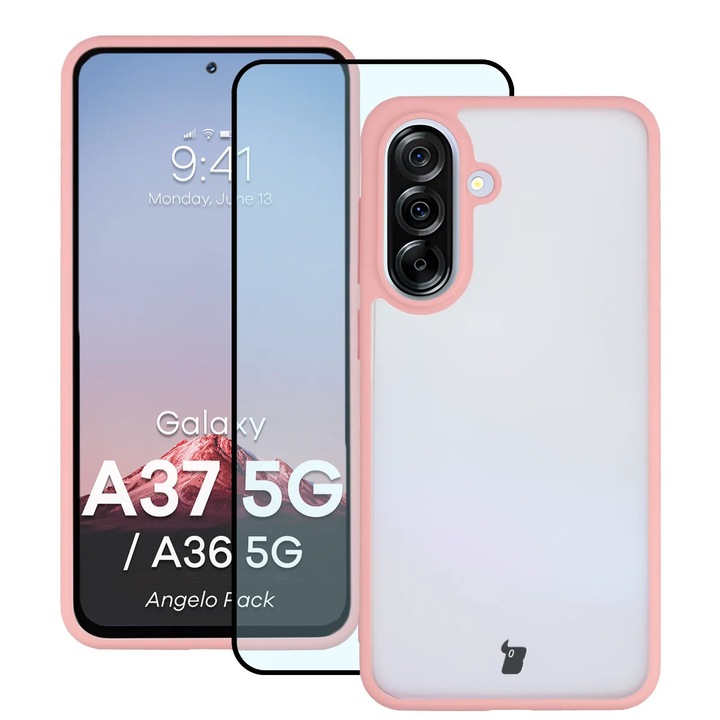 Husa + Sticla de protectie Bizon Angelo Pack pentru Galaxy A37 5G / A36 5G, Colorata cu rama roz deschis