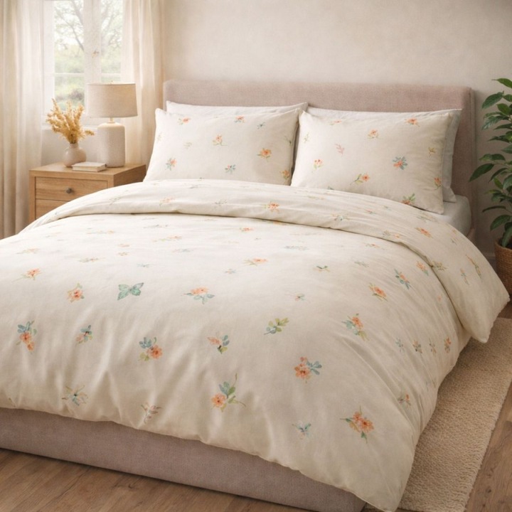 Dupla ágynemű virágokkal és pillangókkal, 100% pamut, 4 részes, 220x240 cm, DeLuxe Pucioasa, Lara