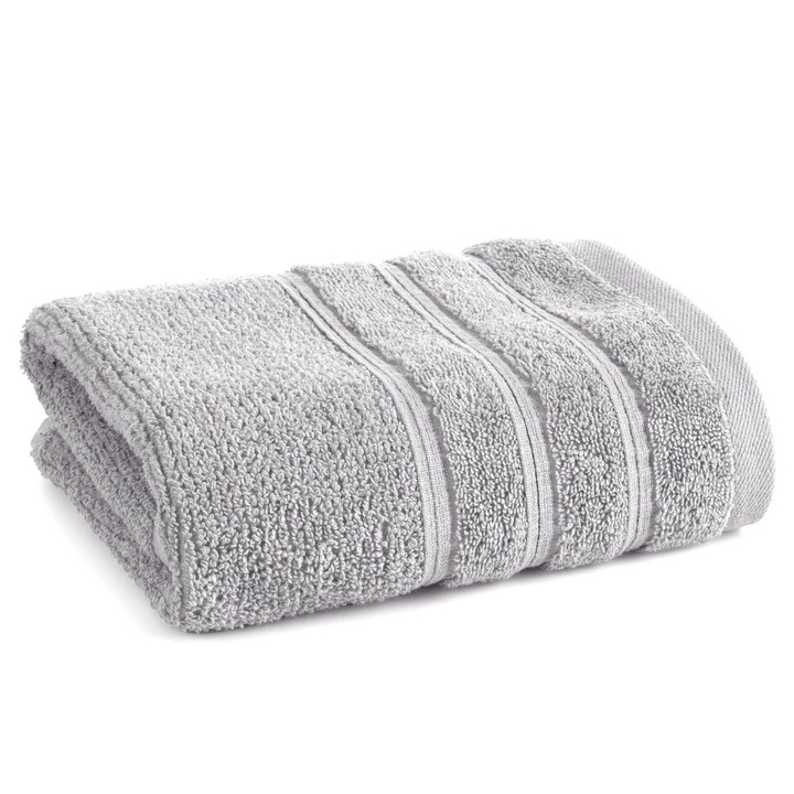 Prosop de baie Eurofirany, 50x90cm, bumbac, gri inchis, design modern cu dungi decorative