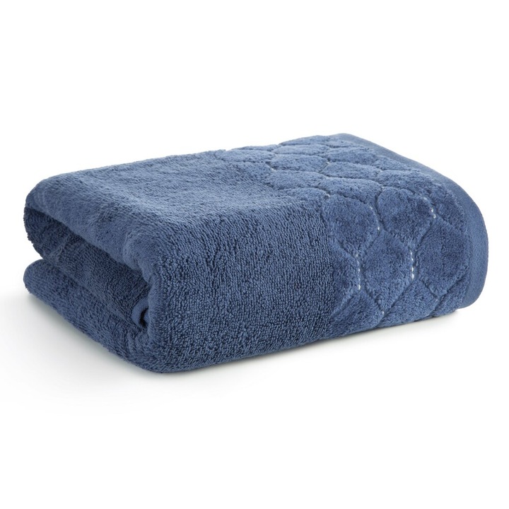 Prosop de baie, Eurofirany, 70x140 cm, bumbac, bordura velur geometrica, culoare albastra, 550 g/m2