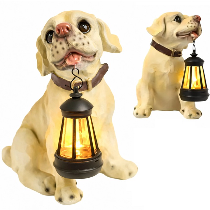 Lampa LED solara de gradina, UBX, model catel cu lampadar, 300 mAh, IP44, plastic, 24.5 × 15 × 19.5 cm, bej