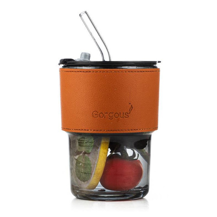 Pahar sticla cu capac si pai, ArtemisGift, 420ml, pahar fara picior, negru