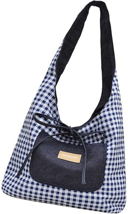 Geanta de umar hobo pentru femei, model carouri albastru, capacitate mare, geanta de cumparaturi si de zi, 34x31x9cm