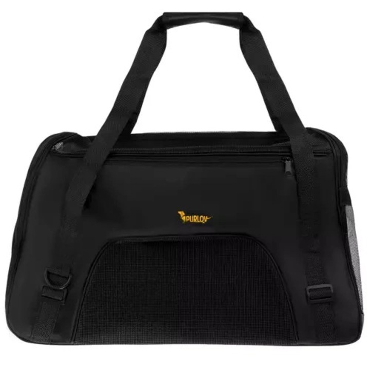 Geanta transport animale, ventilatie multipla, baza rigidizata, curea umar inclusa, suporta pana la 8 kg, 50 x 30 x 25 cm, poliester PVC fier, Negru