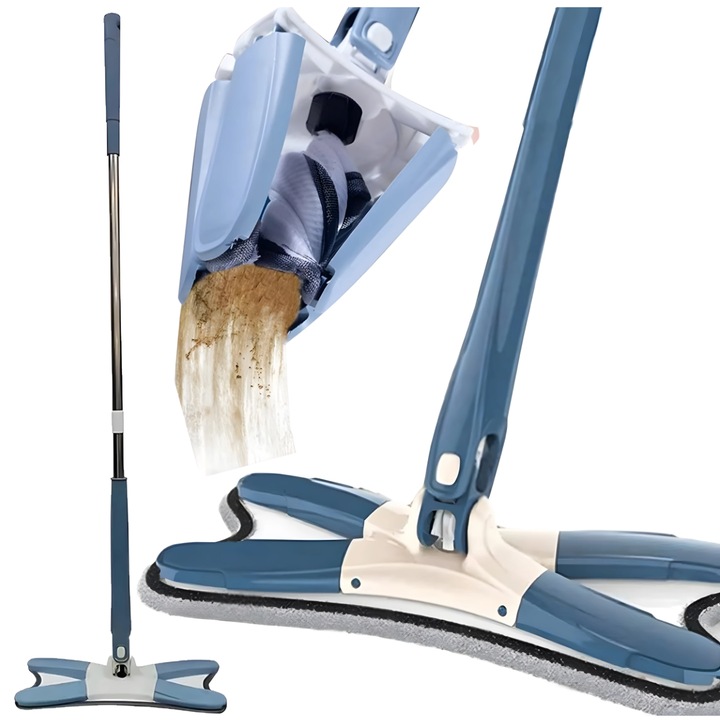Mop plat cu mecanism stoarcere rotativa, Zola, laveta microfibra, pliabil, rotire 360°, forma fluture, 34 x 14 cm, lungime 128 cm, plastic/metal, albastru/gri