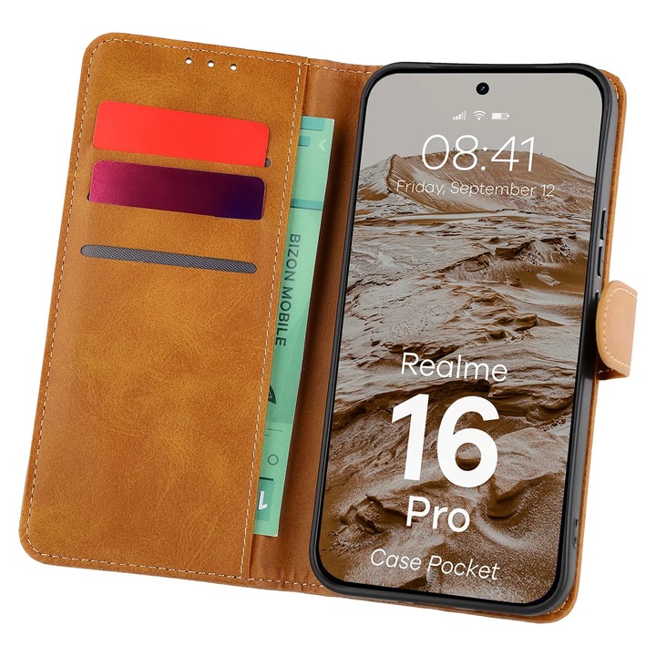 Husa tip carte Bizon Case Pocket pentru Realme 16 Pro 5G, Maro