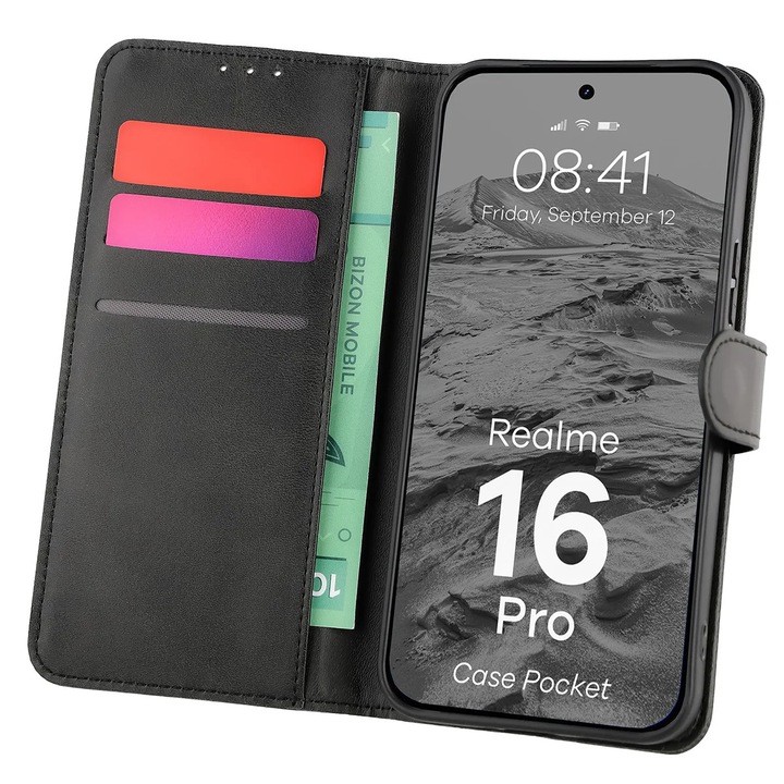 Husa tip carte Bizon Case Pocket pentru Realme 16 Pro 5G, Negru